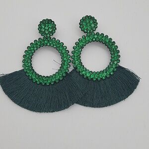 Green Crystal Circle Fan Tassel Drop Earrings